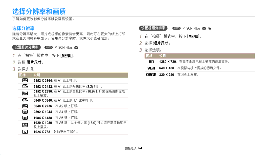 Samsung EC-WB110ZBARE3, EC-WB110ZBABE3 manual 选择分辨率和画质, 在拍摄模式中，按下 m。 选择 照片尺寸。 选择选项。, 在拍摄模式中，按下 m。 选择 短片尺寸。 选择选项。 