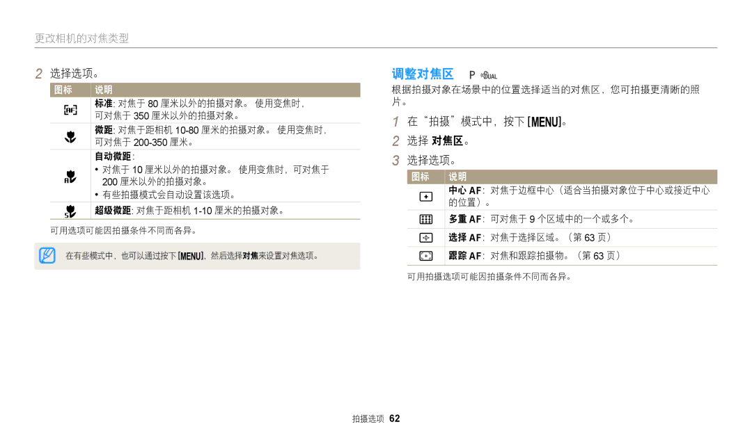 Samsung EC-WB110ZBARE3, EC-WB110ZBABE3 manual 调整对焦区, 在拍摄模式中，按下 m。 选择 对焦区。 选择选项。 