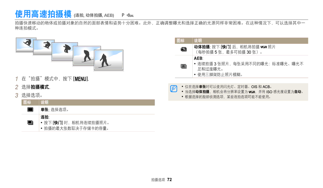 Samsung EC-WB110ZBARE3 在拍摄模式中，按下 m 选择拍摄模式 选择选项。, 按下 快门 时，相机将连续拍摄照片。 拍摄的最大张数取决于存储卡的容量。 动体拍摄 按下 快门 后，相机将拍摄, 使用三脚架防止照片模糊。 