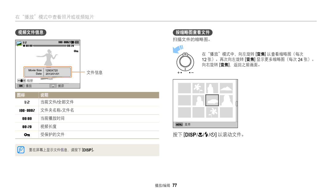 Samsung EC-WB110ZBABE3, EC-WB110ZBARE3 manual 文件信息 当前文件 /全部文件 文件夹名称 -文件名 当前播放时间 视频长度 受保护的文件 