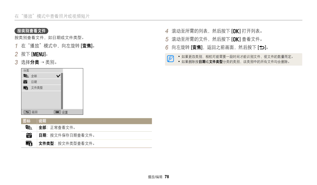 Samsung EC-WB110ZBARE3, EC-WB110ZBABE3 manual 按类别查看文件，如日期或文件类型。, 日期：按文件保存日期查看文件。 文件类型：按文件类型查看文件。 