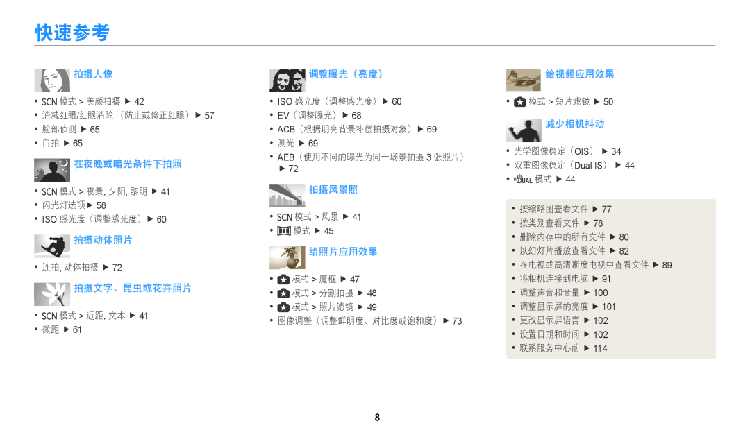 Samsung EC-WB110ZBARE3, EC-WB110ZBABE3 manual 快速参考, 减少相机抖动 