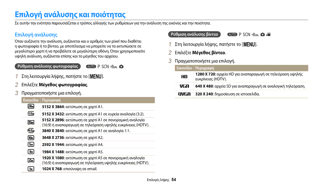 Samsung EC-WB110ZBABE3 manual Επιλογή ανάλυσης και ποιότητας, Επιλέξτε Μέγεθος φωτoγραφίας, Επιλέξτε Μέγεθος βίντεο 