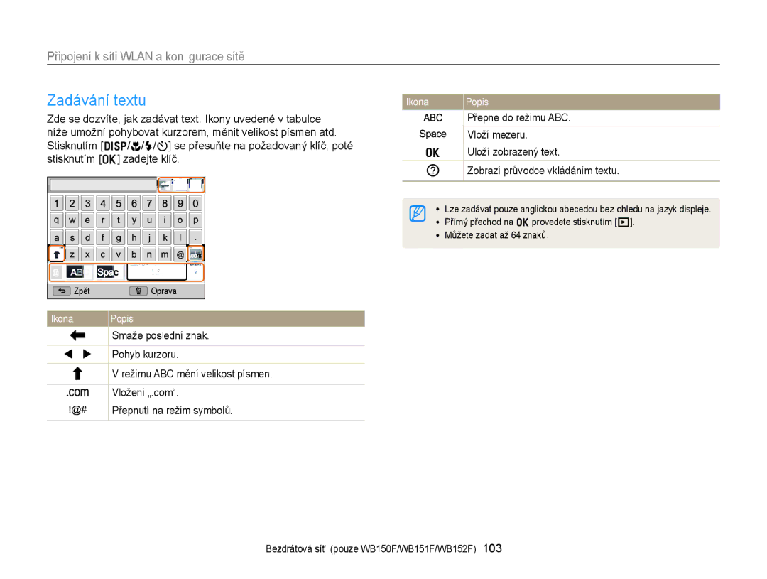 Samsung EC-WB150FBDBE3, EC-WB150FBPBE3, EC-WB150FBPWE3, EC-WB150FBDWE3, EC-WB150FBPRE3 manual Zadávání textu 