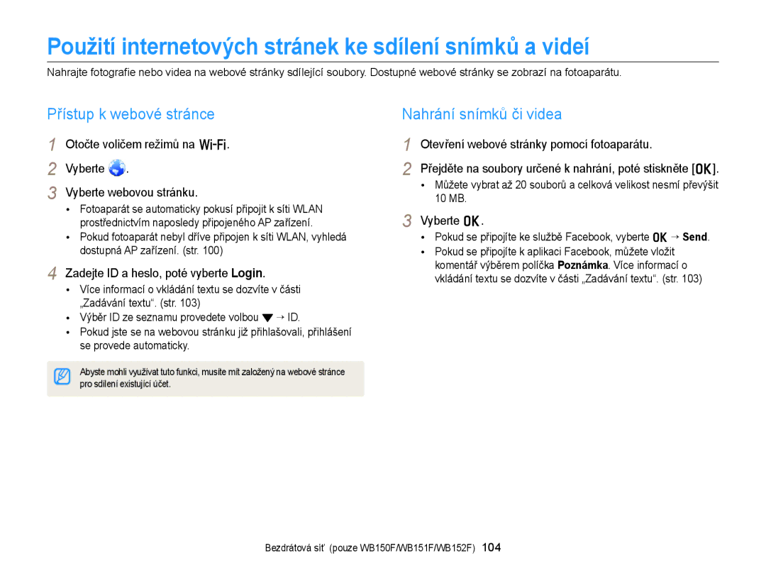 Samsung EC-WB150FBPBE3, EC-WB150FBPWE3 Použití internetových stránek ke sdílení snímků a videí, Přístup k webové stránce 