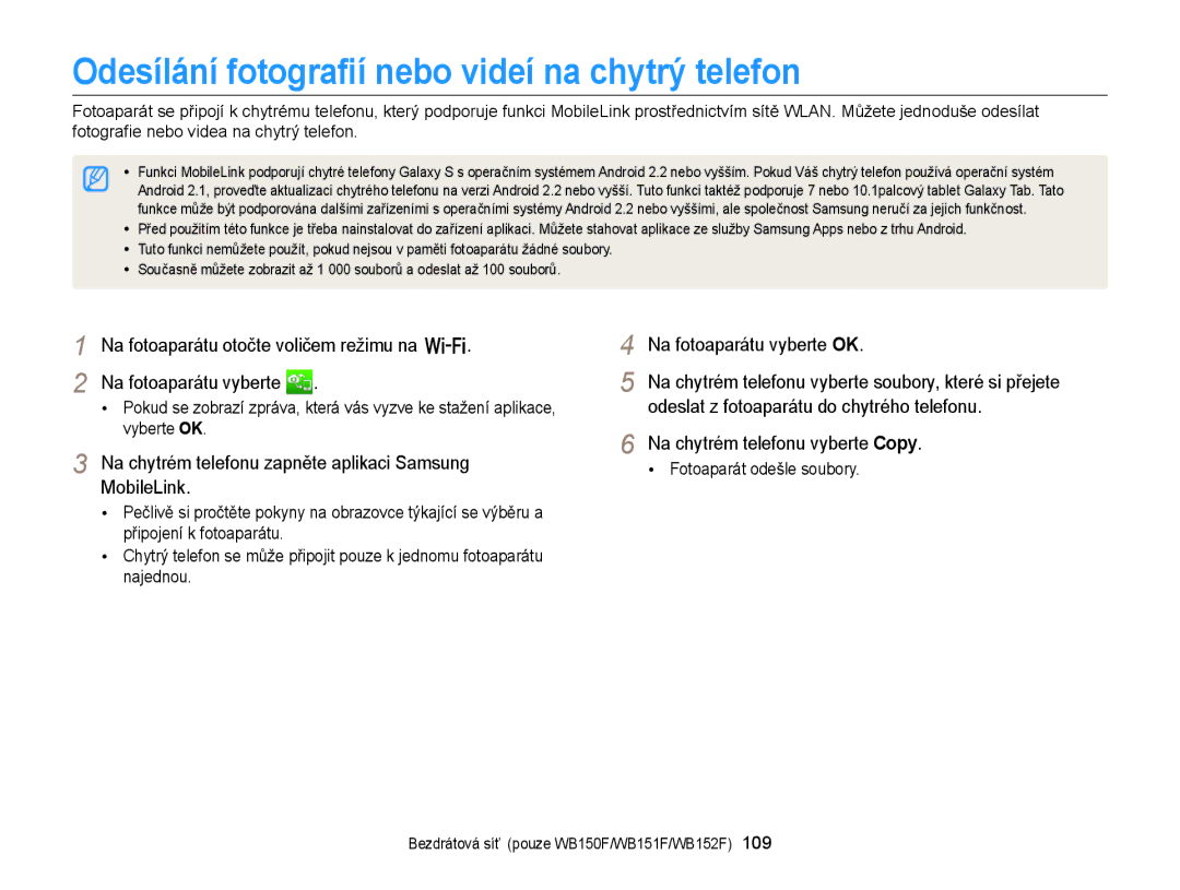 Samsung EC-WB150FBPBE3, EC-WB150FBPWE3 manual Odesílání fotograﬁí nebo videí na chytrý telefon, Na fotoaparátu vyberte OK 