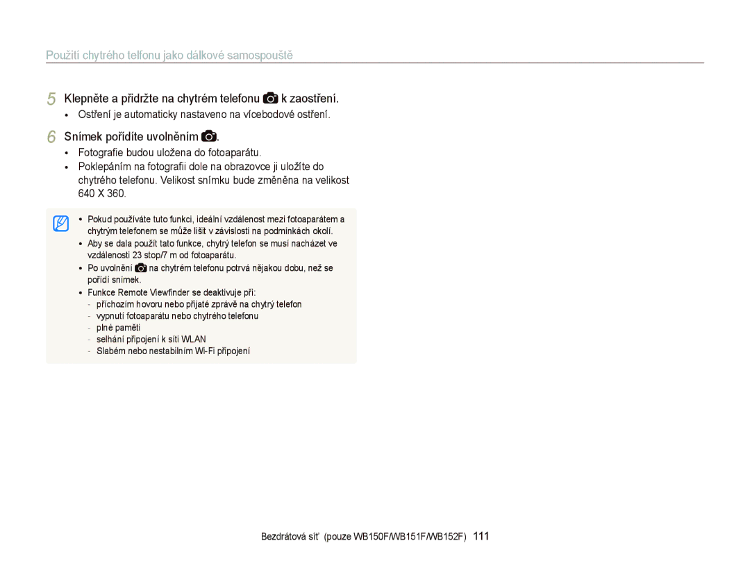 Samsung EC-WB150FBDWE3, EC-WB150FBPBE3 manual Použití chytrého telfonu jako dálkové samospouště, Snímek pořídíte uvolněním 