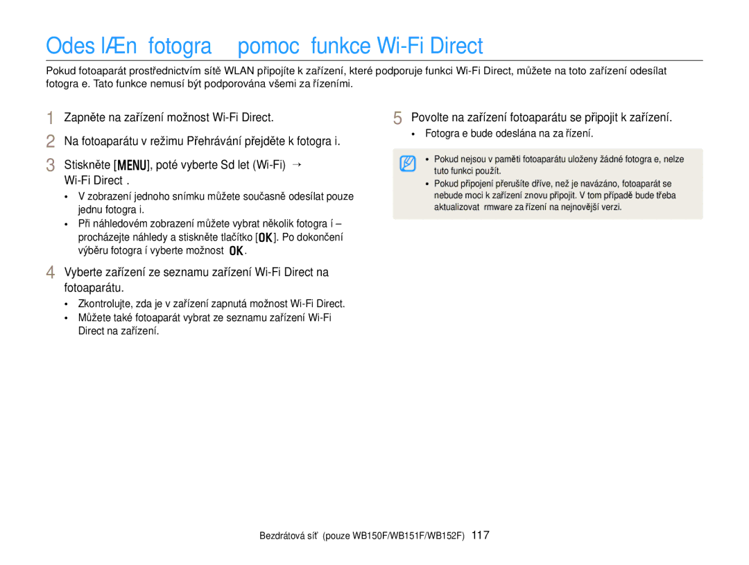 Samsung EC-WB150FBPRE3 manual Odesílání fotograﬁí pomocí funkce Wi-Fi Direct, Zapněte na zařízení možnost Wi-Fi Direct 