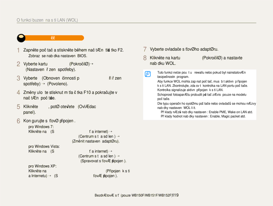 Samsung EC-WB150FBPBE3 manual Funkci buzení na síti LAN WOL, Zapněte počítač a stiskněte během načítání tlačítko F2 