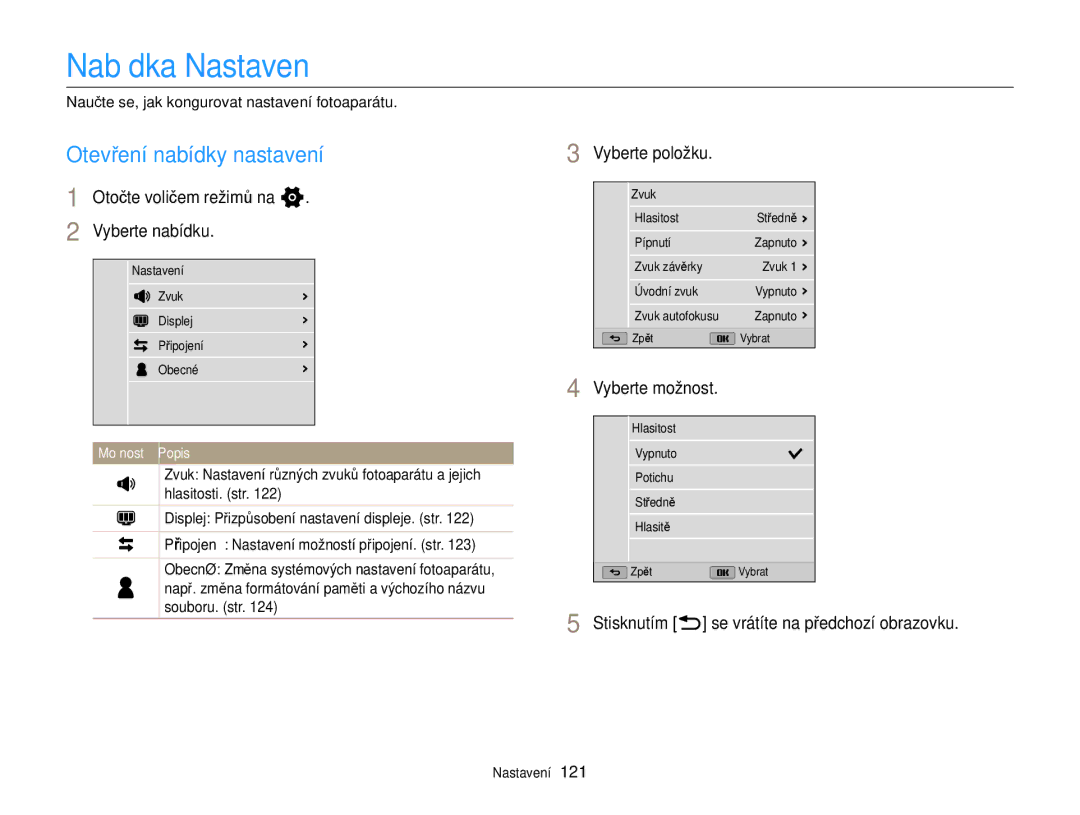 Samsung EC-WB150FBDWE3 manual Nabídka Nastavení, Otevření nabídky nastavení, Otočte voličem režimů na n Vyberte nabídku 