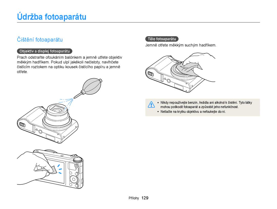 Samsung EC-WB150FBPBE3 manual Údržba fotoaparátu, Čištění fotoaparátu, Objektiv a displej fotoaparátu, Tělo fotoaparátu 