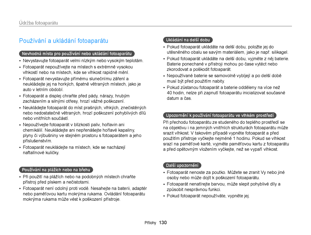 Samsung EC-WB150FBPWE3, EC-WB150FBPBE3, EC-WB150FBDWE3, EC-WB150FBPRE3 Používání a ukládání fotoaparátu, Údržba fotoaparátu 