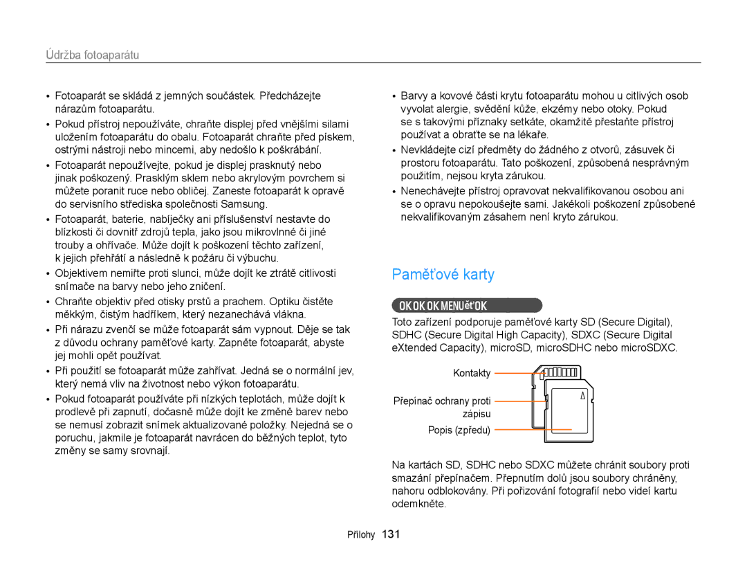 Samsung EC-WB150FBDWE3, EC-WB150FBPBE3, EC-WB150FBPWE3, EC-WB150FBPRE3 manual Paměťové karty, Podporované paměťové karty 