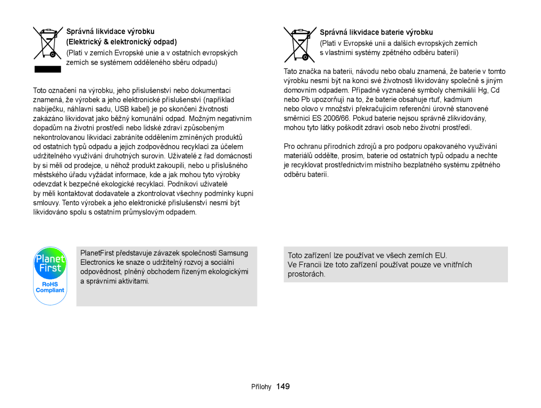 Samsung EC-WB150FBPBE3 manual Správná likvidace baterie výrobku, Správná likvidace výrobku Elektrický & elektronický odpad 