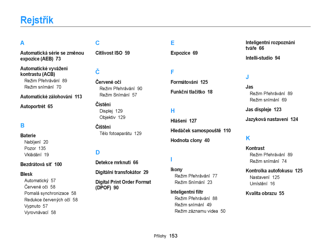 Samsung EC-WB150FBDBE3, EC-WB150FBPBE3, EC-WB150FBPWE3, EC-WB150FBDWE3, EC-WB150FBPRE3 manual Rejstřík 