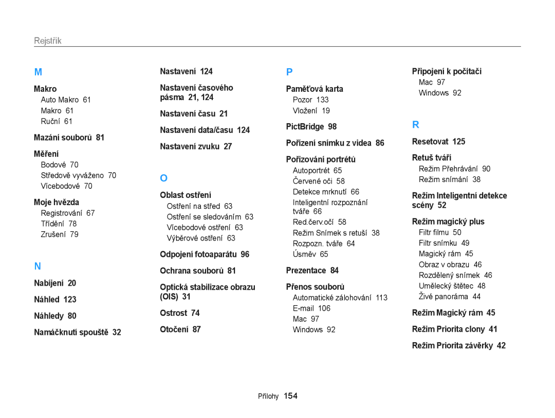 Samsung EC-WB150FBPBE3, EC-WB150FBPWE3, EC-WB150FBDWE3, EC-WB150FBPRE3, EC-WB150FBDBE3 manual Rejstřík 