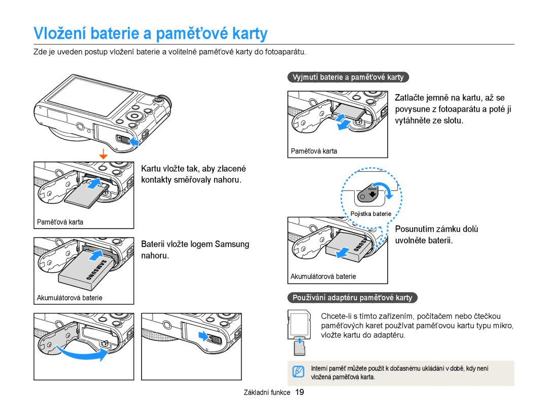 Samsung EC-WB150FBPBE3 manual Vložení baterie a paměťové karty, Baterii vložte logem Samsung nahoru, Uvolněte baterii 