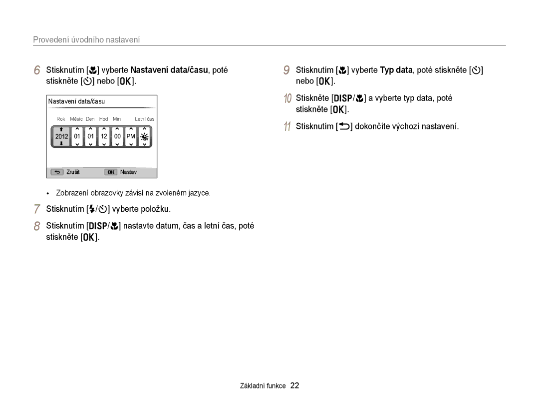 Samsung EC-WB150FBPRE3, EC-WB150FBPBE3, EC-WB150FBPWE3 manual Provedení úvodního nastavení, Stisknutím F/t vyberte položku 