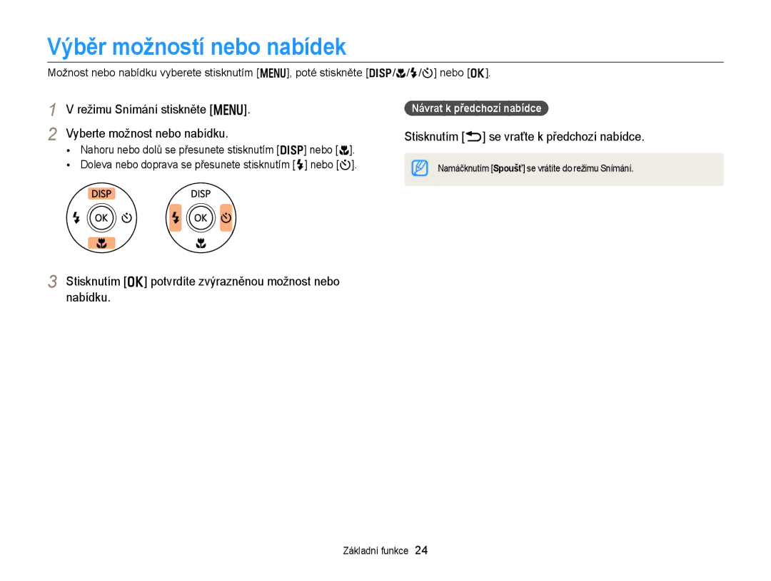 Samsung EC-WB150FBPBE3 manual Výběr možností nebo nabídek, Režimu Snímání stiskněte m Vyberte možnost nebo nabídku 