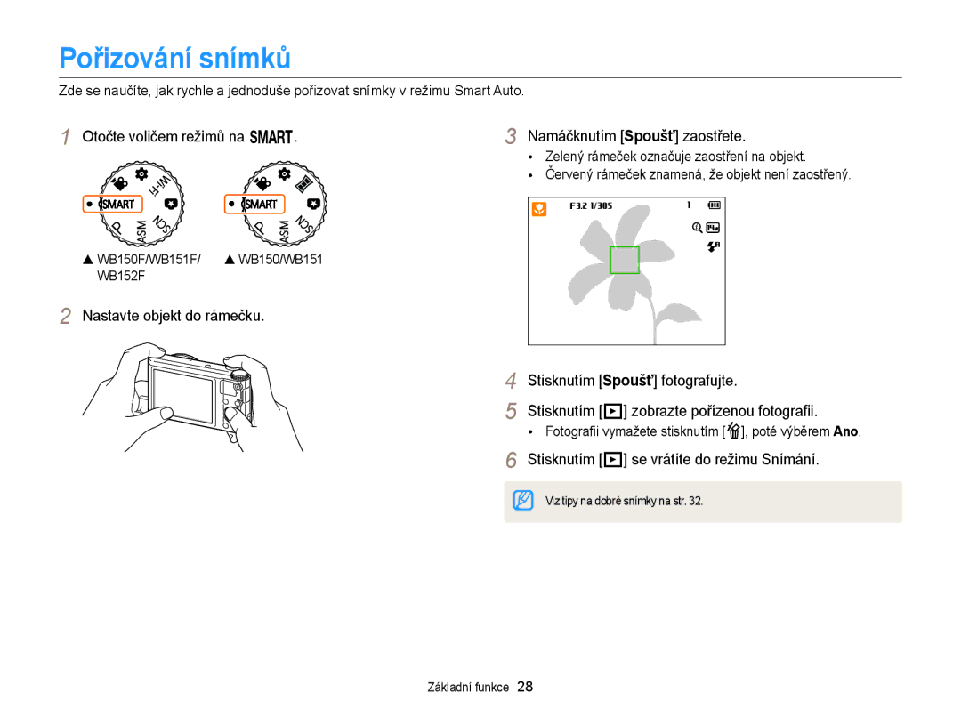 Samsung EC-WB150FBDBE3, EC-WB150FBPBE3 manual Pořizování snímků, Otočte voličem režimů na T Namáčknutím Spoušť zaostřete 