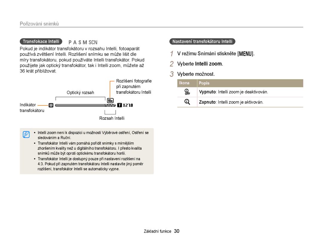 Samsung EC-WB150FBPWE3 manual Režimu Snímání stiskněte m Vyberte Intelli zoom, Transfokace Intelli p a h M s, Při zapnutém 