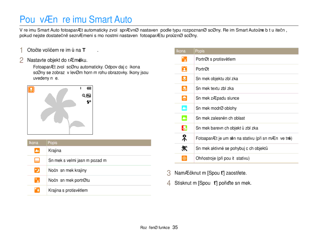 Samsung EC-WB150FBPWE3, EC-WB150FBPBE3 Používání režimu Smart Auto, Otočte voličem režimů na T Nastavte objekt do rámečku 