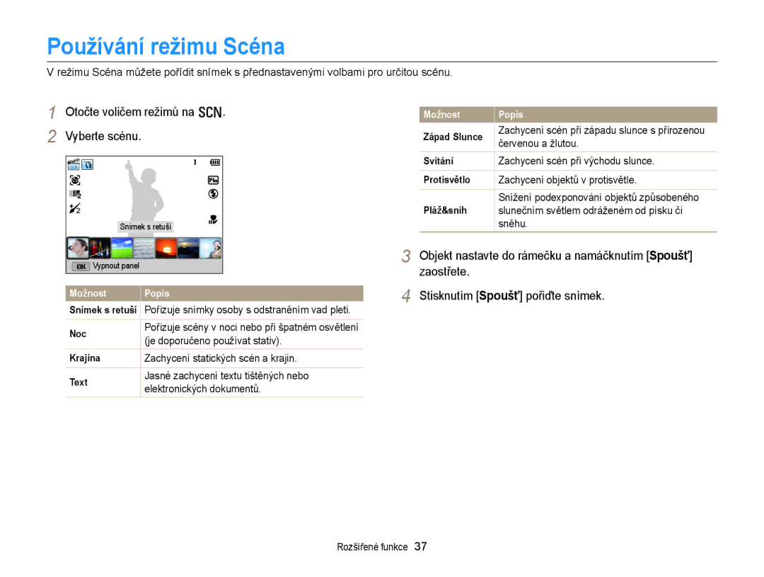 Samsung EC-WB150FBPRE3, EC-WB150FBPBE3, EC-WB150FBPWE3 Používání režimu Scéna, Otočte voličem režimů na s Vyberte scénu 