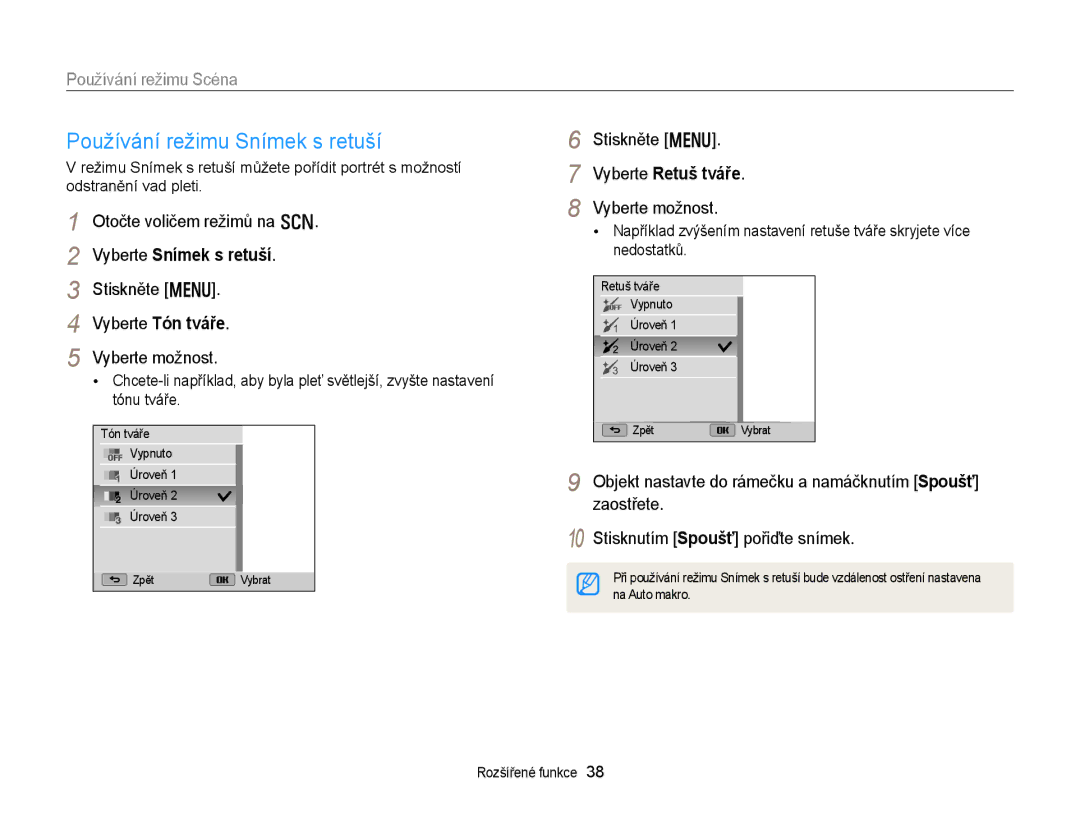 Samsung EC-WB150FBDBE3, EC-WB150FBPBE3 manual Používání režimu Snímek s retuší, Používání režimu Scéna, Vyberte Retuš tváře 