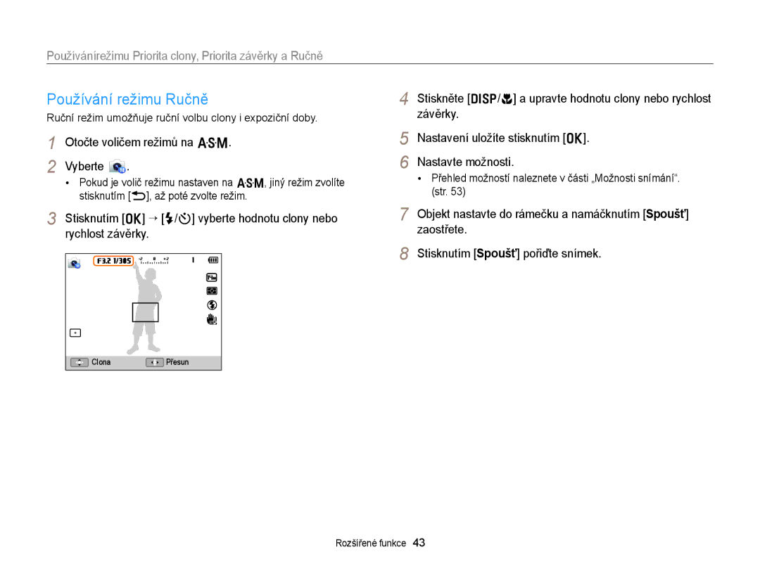 Samsung EC-WB150FBDBE3, EC-WB150FBPBE3 Používání režimu Ručně, Ruční režim umožňuje ruční volbu clony i expoziční doby 