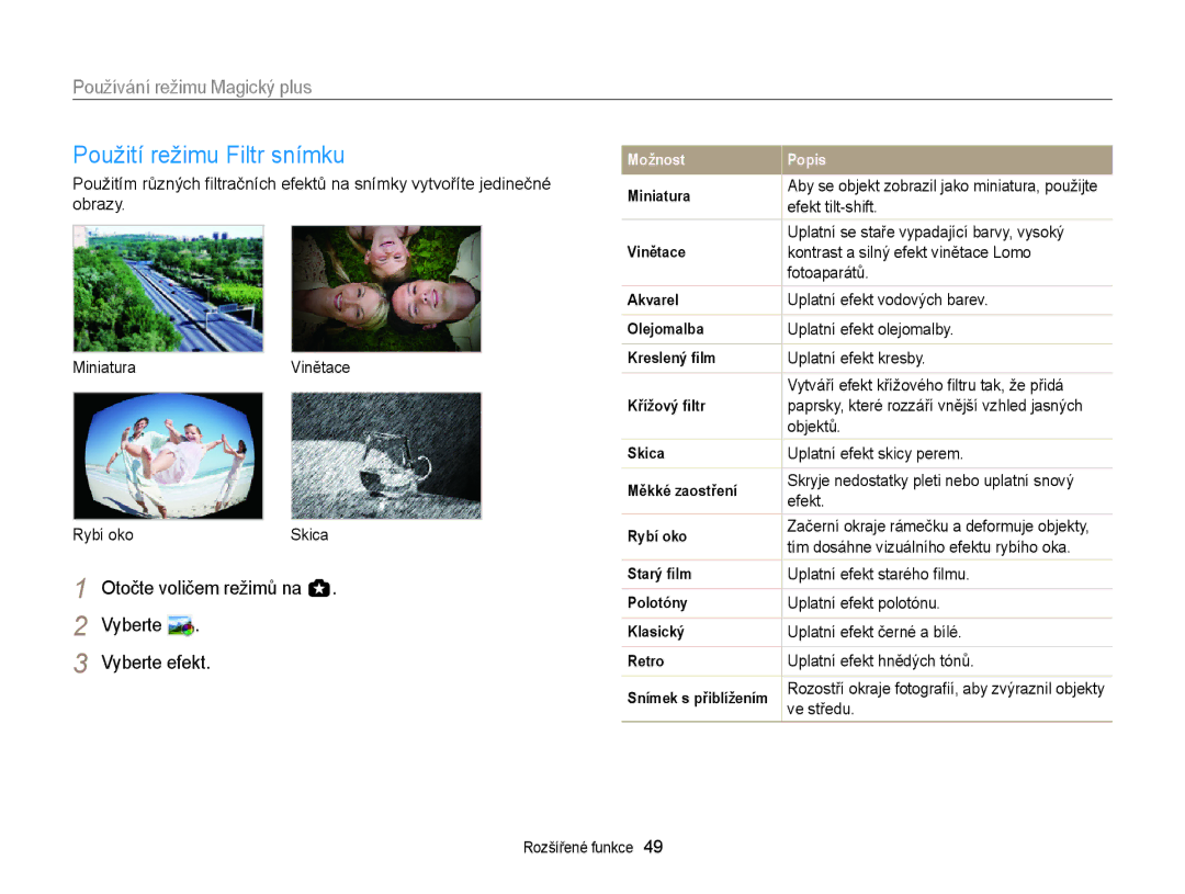 Samsung EC-WB150FBPBE3, EC-WB150FBPWE3, EC-WB150FBDWE3, EC-WB150FBPRE3 Použití režimu Filtr snímku, Vyberte Vyberte efekt 