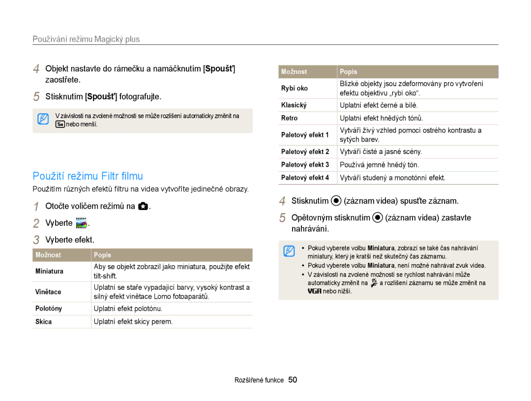 Samsung EC-WB150FBPWE3, EC-WB150FBPBE3 manual Použití režimu Filtr ﬁlmu, Otočte voličem režimů na g, Vyberte Vyberte efekt 