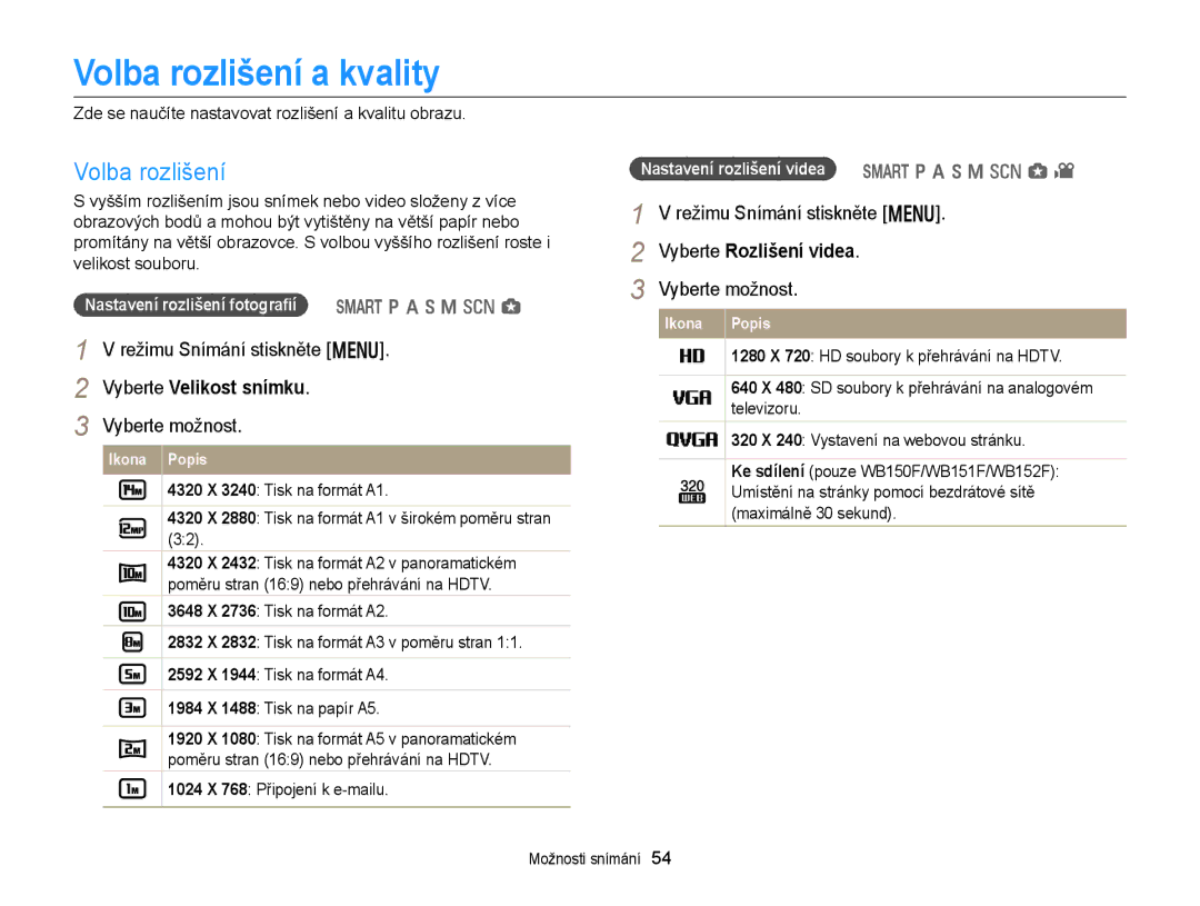 Samsung EC-WB150FBPBE3, EC-WB150FBPWE3 manual Volba rozlišení a kvality, Vyberte Velikost snímku, Režimu Snímání stiskněte m 