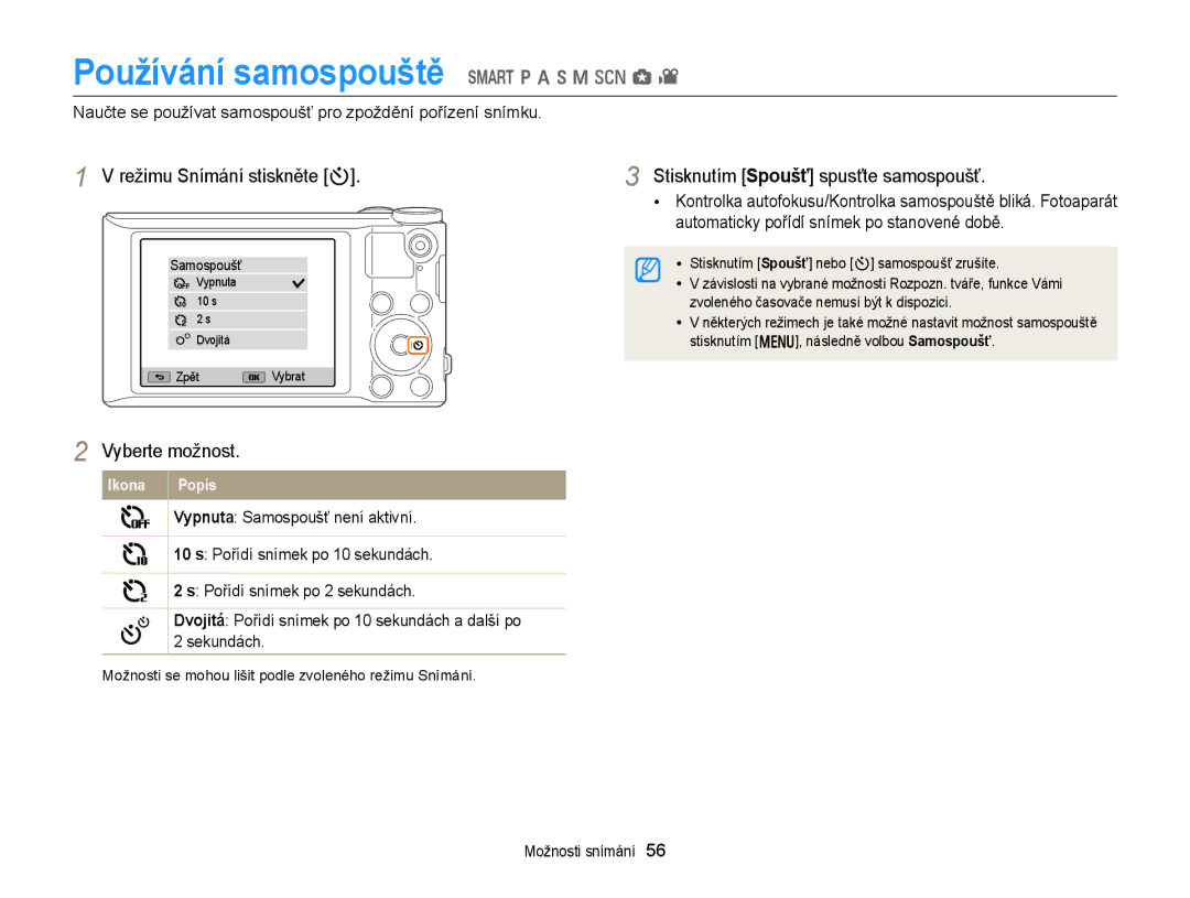 Samsung EC-WB150FBDWE3, EC-WB150FBPBE3, EC-WB150FBPWE3 manual Používání samospouště T p a h M s g, Režimu Snímání stiskněte t 