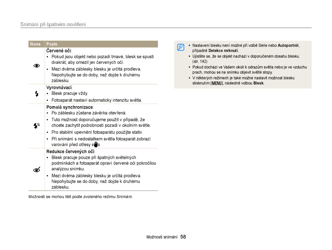 Samsung EC-WB150FBDBE3, EC-WB150FBPBE3 manual Snímání při špatném osvětlení, Červené oči, Vyrovnávací, Pomalá synchronizace 