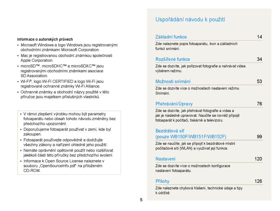 Samsung EC-WB150FBPWE3, EC-WB150FBPBE3, EC-WB150FBDWE3 manual Uspořádání návodu k použití, Informace o autorských právech 