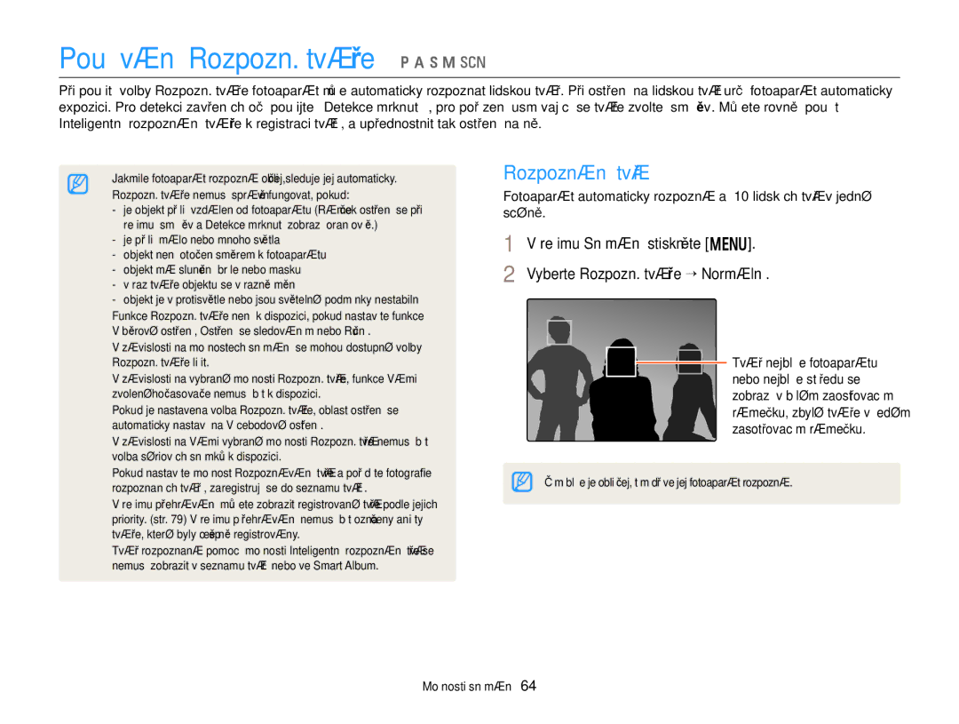 Samsung EC-WB150FBPBE3, EC-WB150FBPWE3 manual Rozpoznání tváří, Režimu Snímání stiskněte m Vyberte Rozpozn. tváře “ Normální 