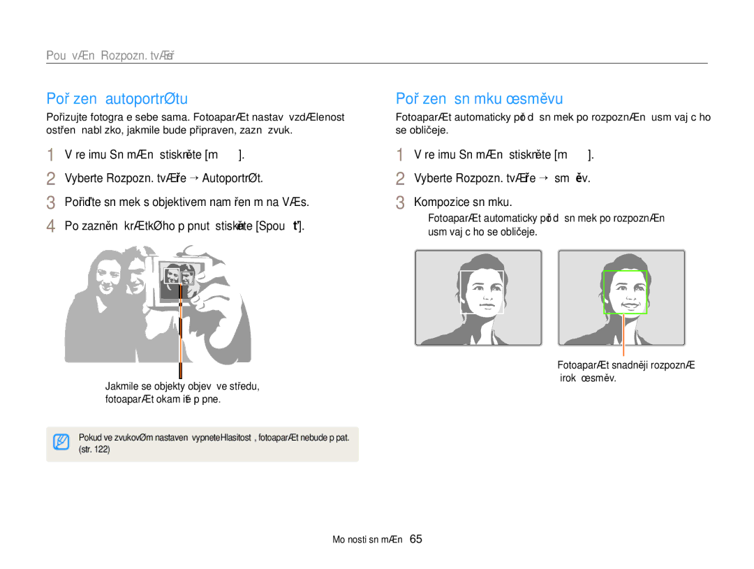 Samsung EC-WB150FBPWE3, EC-WB150FBPBE3 manual Pořízení autoportrétu, Pořízení snímku úsměvu, Používání Rozpozn. tváře 