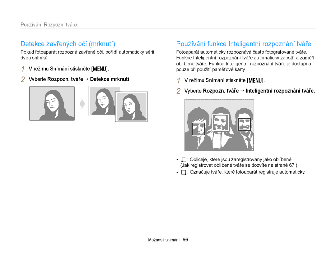 Samsung EC-WB150FBDWE3, EC-WB150FBPBE3 manual Detekce zavřených očí mrknutí, Používání funkce Inteligentní rozpoznání tváře 