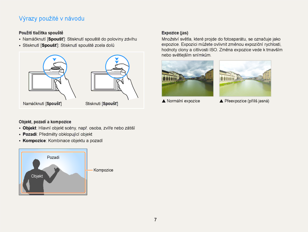 Samsung EC-WB150FBPRE3 manual Výrazy použité v návodu, Použití tlačítka spouště, Objekt, pozadí a kompozice, Expozice jas 