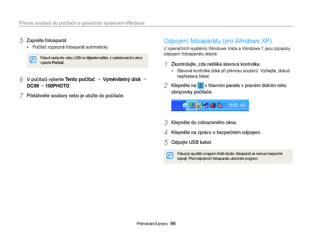 Samsung EC-WB150FBDWE3 manual Odpojení fotoaparátu pro Windows XP, Zkontrolujte, zda nebliká stavová kontrolka, Klepněte na 