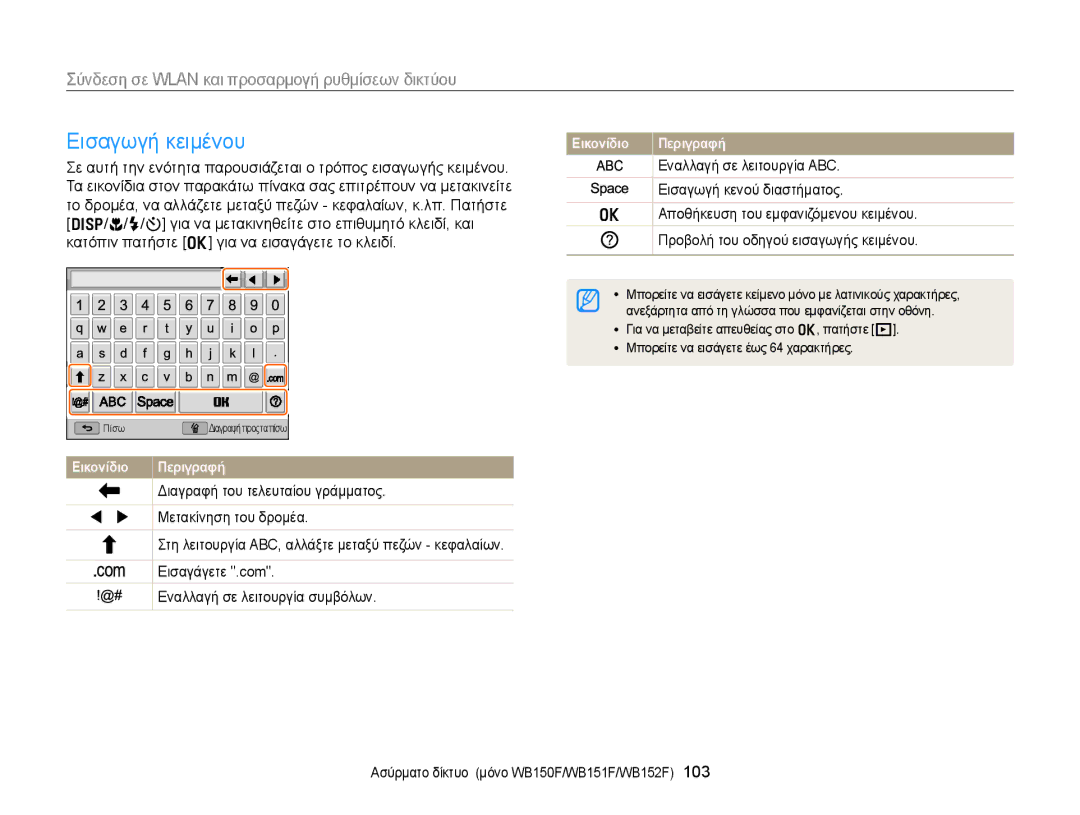 Samsung EC-WB150FBPBE3, EC-WB150FBPWE3 manual Εισαγωγή κειμένου, Εναλλαγή σε λειτουργία ABC, Εισαγωγή κενού διαστήματος 