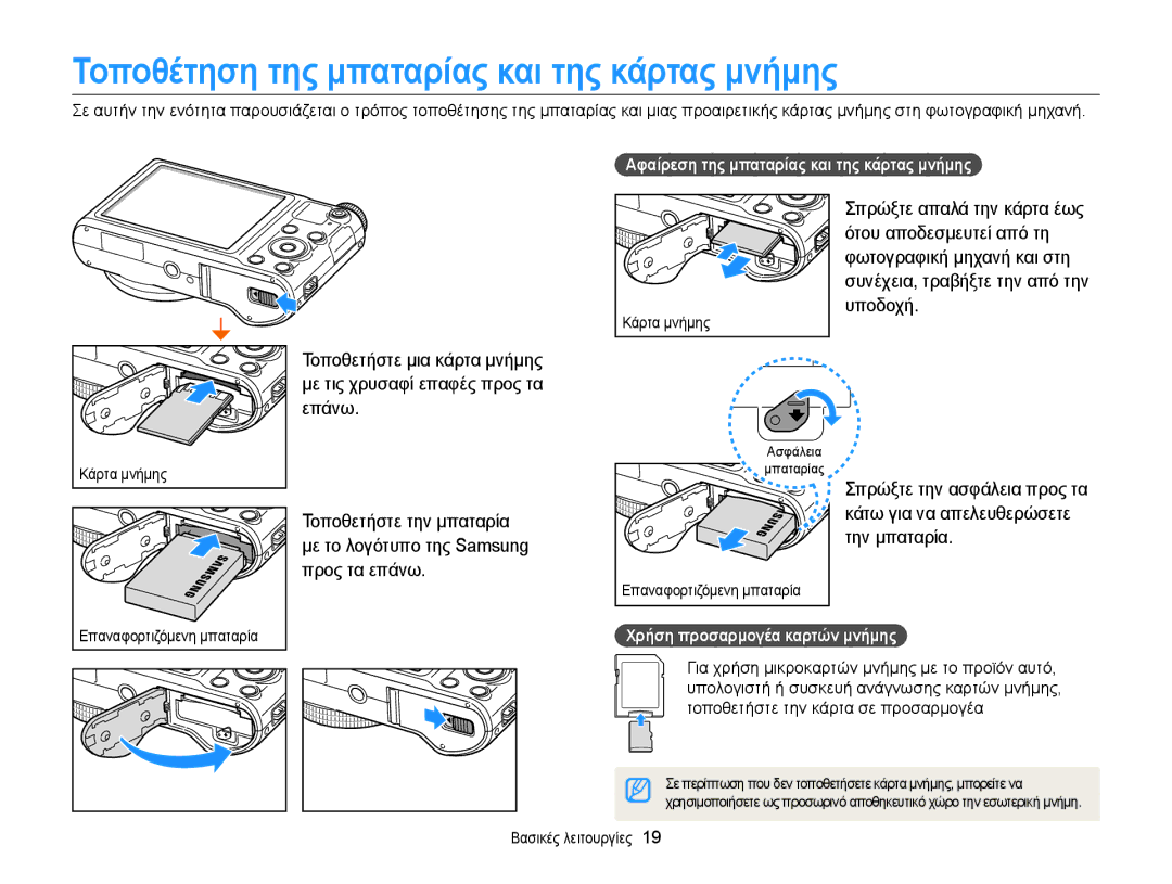 Samsung EC-WB150FBPBE3 manual Τοποθέτηση της μπαταρίας και της κάρτας μνήμης, Αφαίρεση της μπαταρίας και της κάρτας μνήμης 