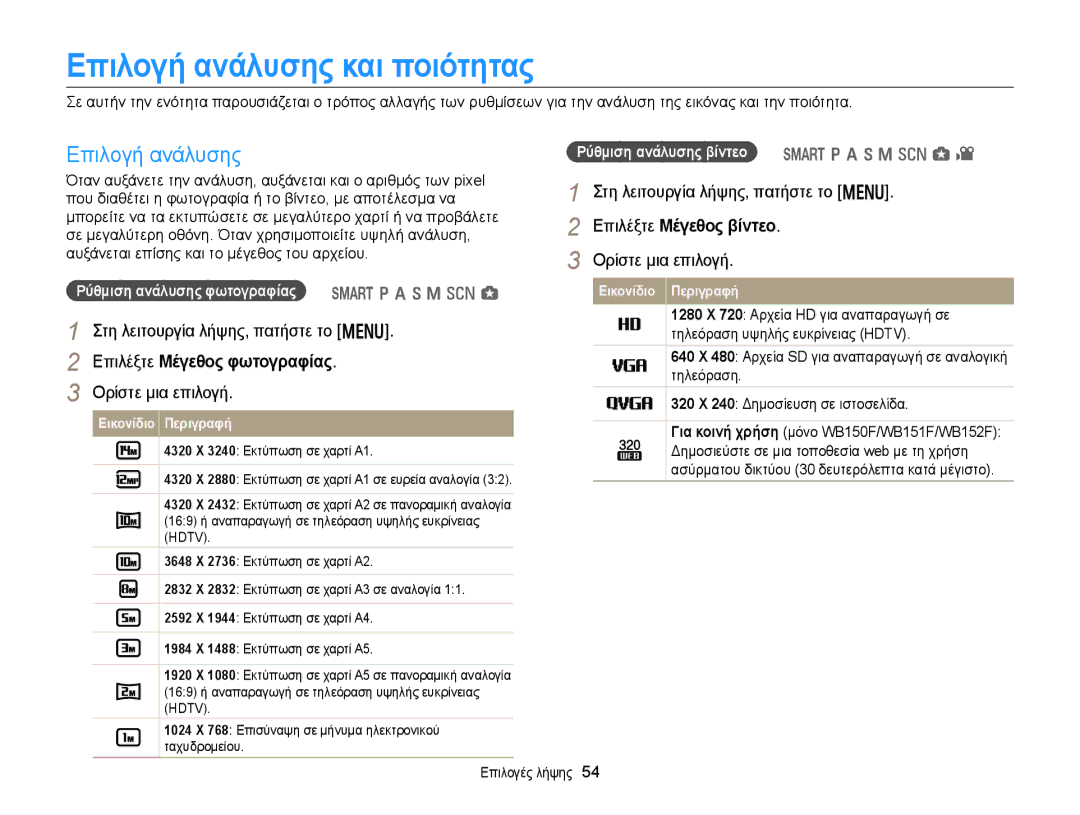 Samsung EC-WB150FBPWE3 manual Επιλογή ανάλυσης και ποιότητας, Επιλέξτε Μέγεθος φωτογραφίας, Επιλέξτε Μέγεθος βίντεο 