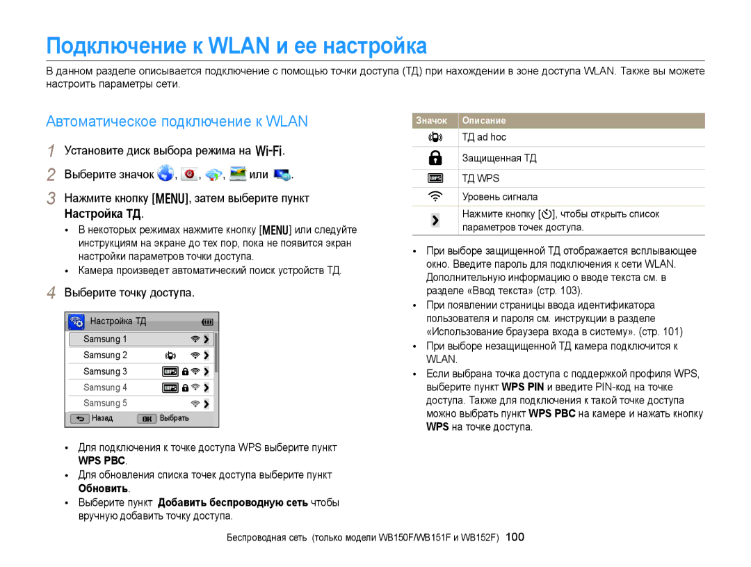 Samsung EC-WB151FBPBRU manual Подключение к Wlan и ее настройка, Автоматическое подключение к Wlan, Или, Настройка ТД 