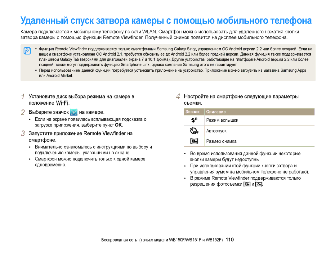 Samsung EC-WB150FBPWRU, EC-WB150FBPBRU, EC-WB150FBPWE2, EC-WB150FBPBE2 Запустите приложение Remote Viewﬁnder на смартфоне 