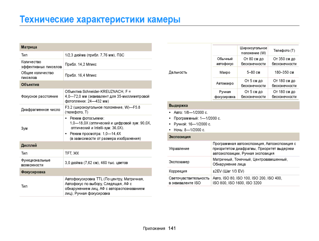 Samsung EC-WB152FBPRRU, EC-WB150FBPBRU, EC-WB150FBPWE2, EC-WB150FBPBE2, EC-WB150FBPRE2 manual Технические характеристики камеры 