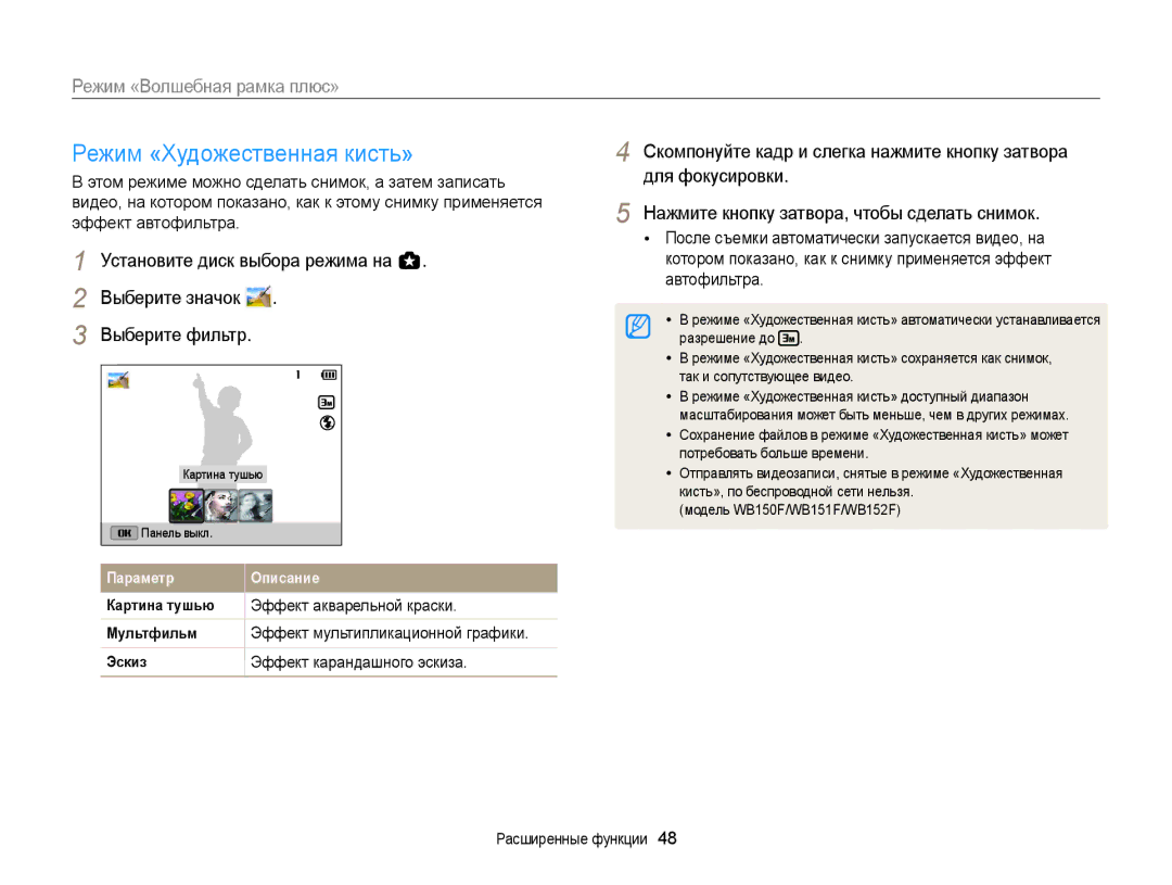 Samsung EC-WB150FBDBE2, EC-WB150FBPBRU manual Режим «Художественная кисть», Для фокусировки, Эффект акварельной краски 