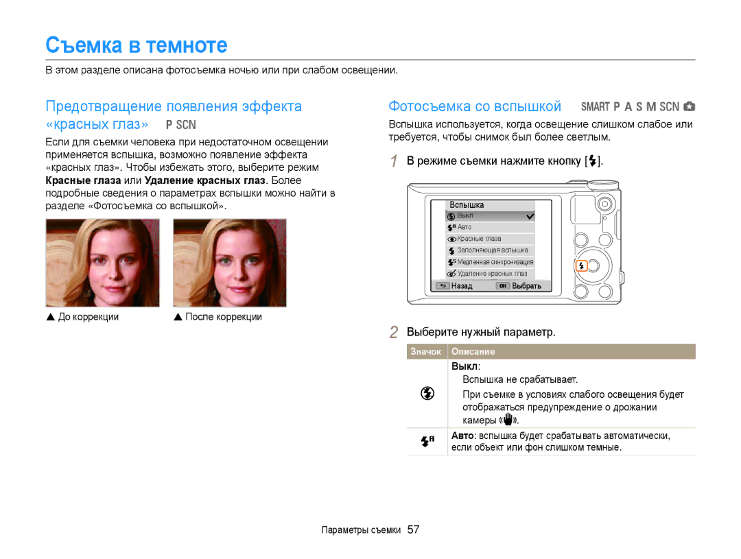 Samsung EC-WB151FBPWRU, EC-WB150FBPBRU manual Съемка в темноте, Предотвращение появления эффекта «красных глаз» p s, Выкл 