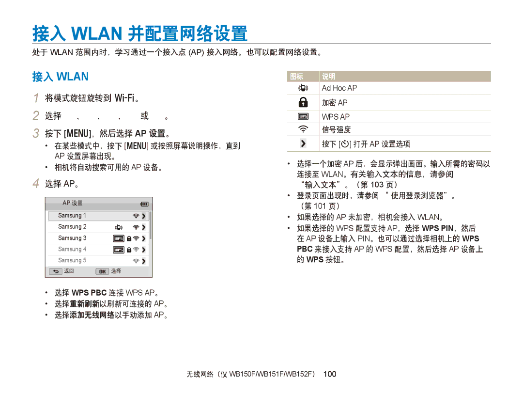 Samsung EC-WB150FBPRE3, EC-WB150FBPWE1, EC-WB150FBPBE1 接入 Wlan 并配置网络设置, 将模式旋钮旋转到 w。 选择 、 、 、 或 。 按下 m，然后选择 AP 设置。, 选择 Ap。 