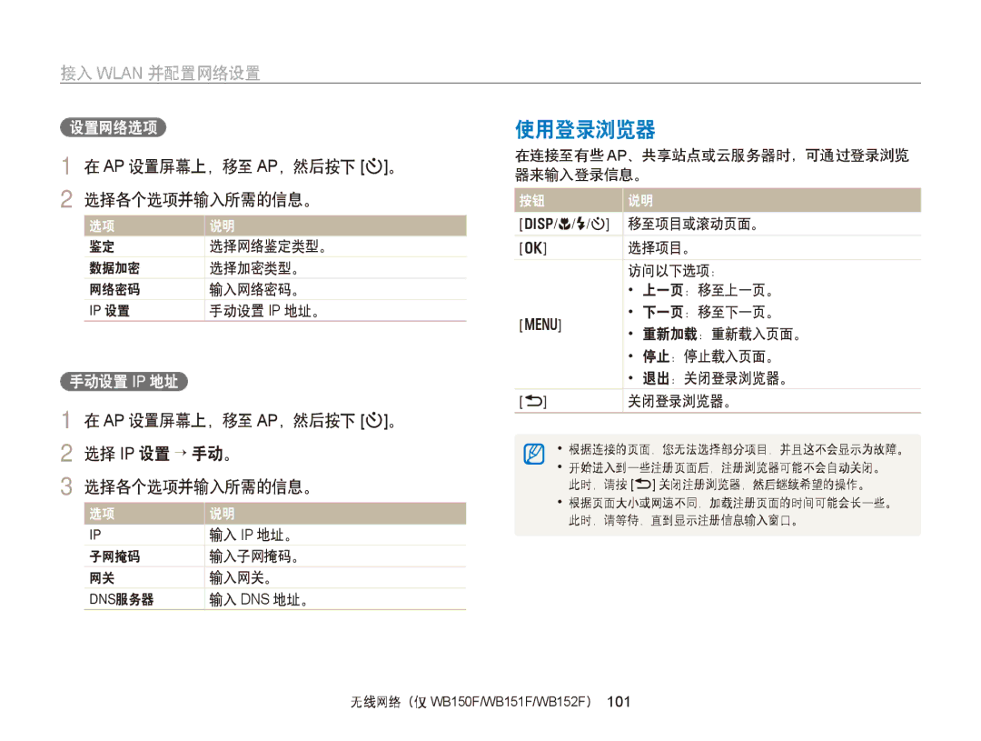 Samsung EC-WB150FBDBE3, EC-WB150FBPWE1, EC-WB150FBPBE1 使用登录浏览器, 接入 Wlan 并配置网络设置, AP 设置屏幕上，移至 AP，然后按下 t。, 选择各个选项并输入所需的信息。 